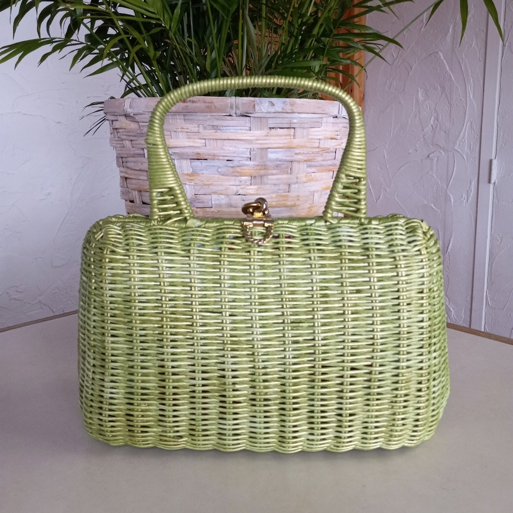 Wicker Vintage Satchel. Casual Corner Brand. 1980's, Custom Painted.